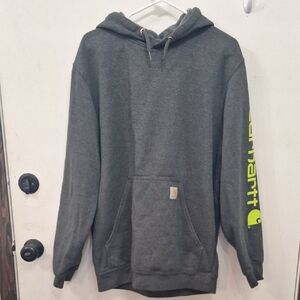 Carhartt Men’s Charcoal Hoodie with Neon Green Sleeve Logo